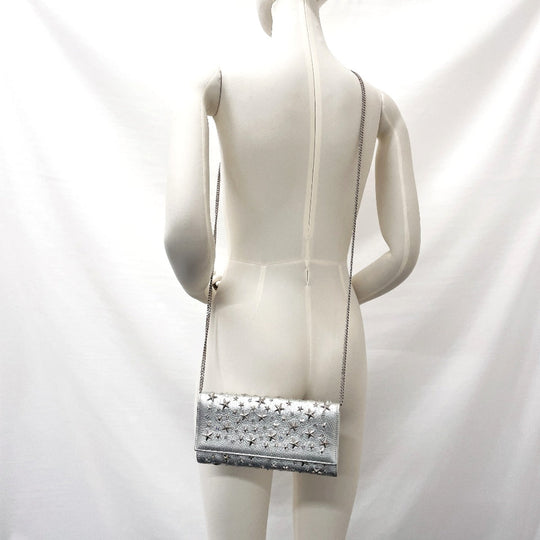 JIMMY CHOO Long Wallet Purse leather Silver Star studs Chain wallet Women Used Authentic
