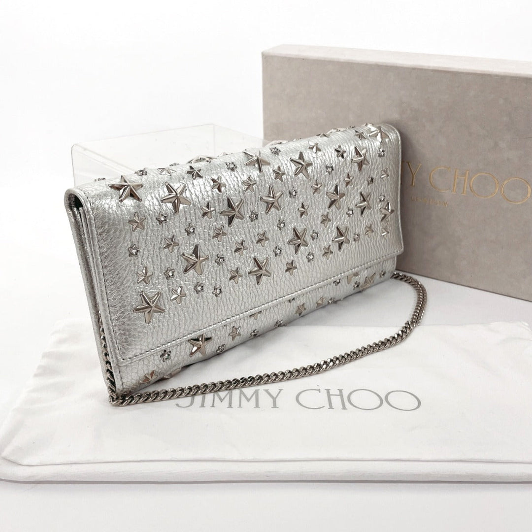 JIMMY CHOO Long Wallet Purse leather Silver Star studs Chain wallet Women Used Authentic