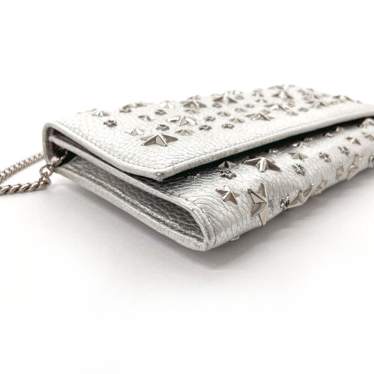 JIMMY CHOO Long Wallet Purse leather Silver Star studs Chain wallet Women Used Authentic