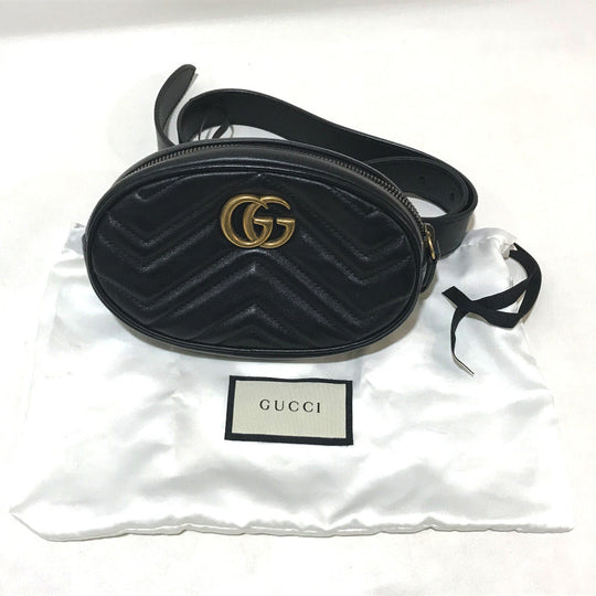 GUCCI Waist bag 476434 leather black GG Marmont Quilted Sling bag Women 95/38 Used Authentic