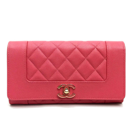 CHANEL Long Wallet Purse A80971 Caviar skin pink CC COCO Mark Matrasse Mademoiselle Women Used Authentic