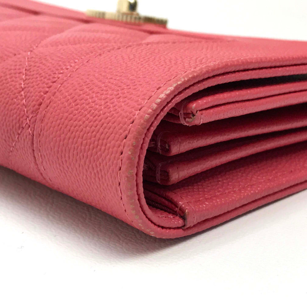 CHANEL Long Wallet Purse A80971 Caviar skin pink CC COCO Mark Matrasse Mademoiselle Women Used Authentic