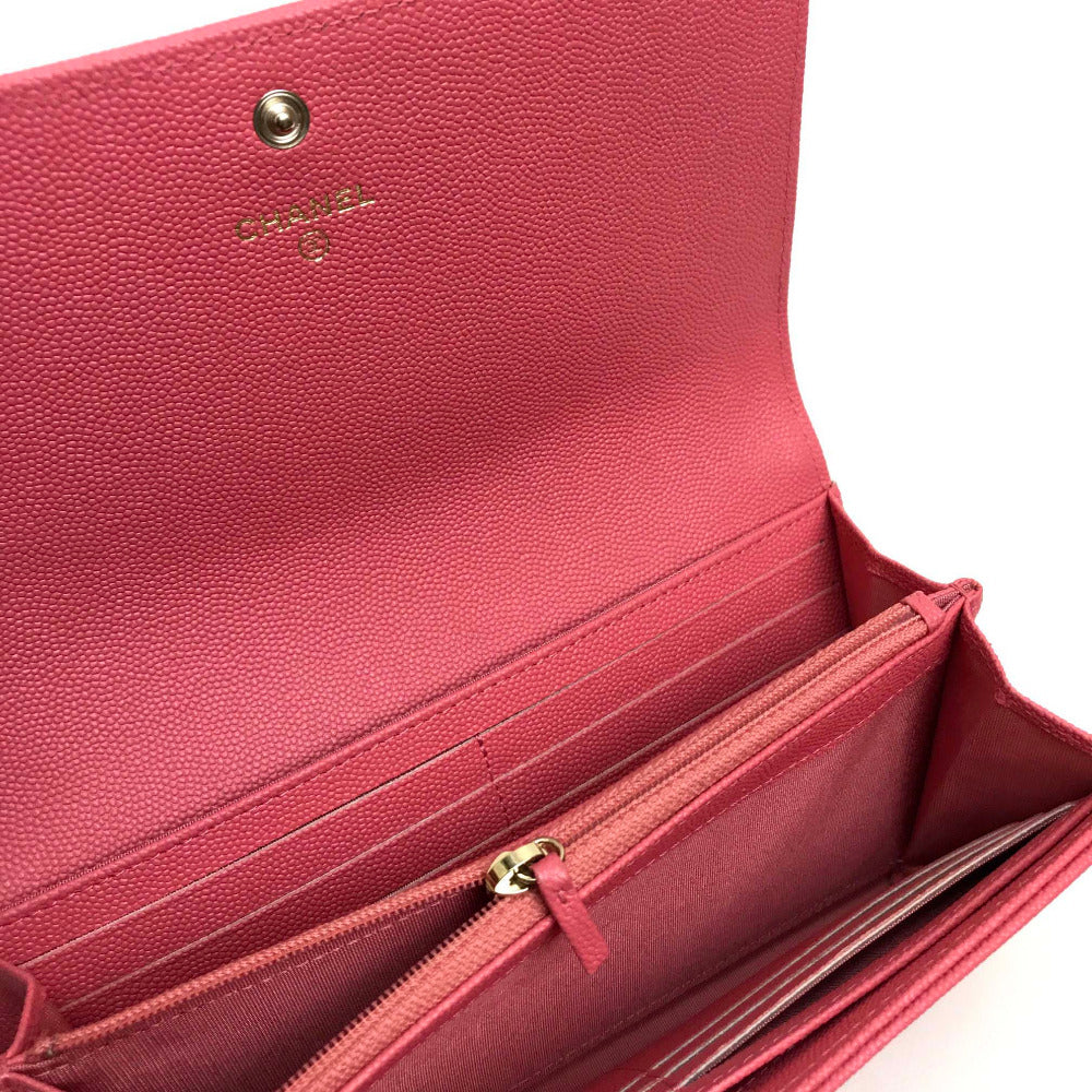 CHANEL Long Wallet Purse A80971 Caviar skin pink CC COCO Mark Matrasse Mademoiselle Women Used Authentic