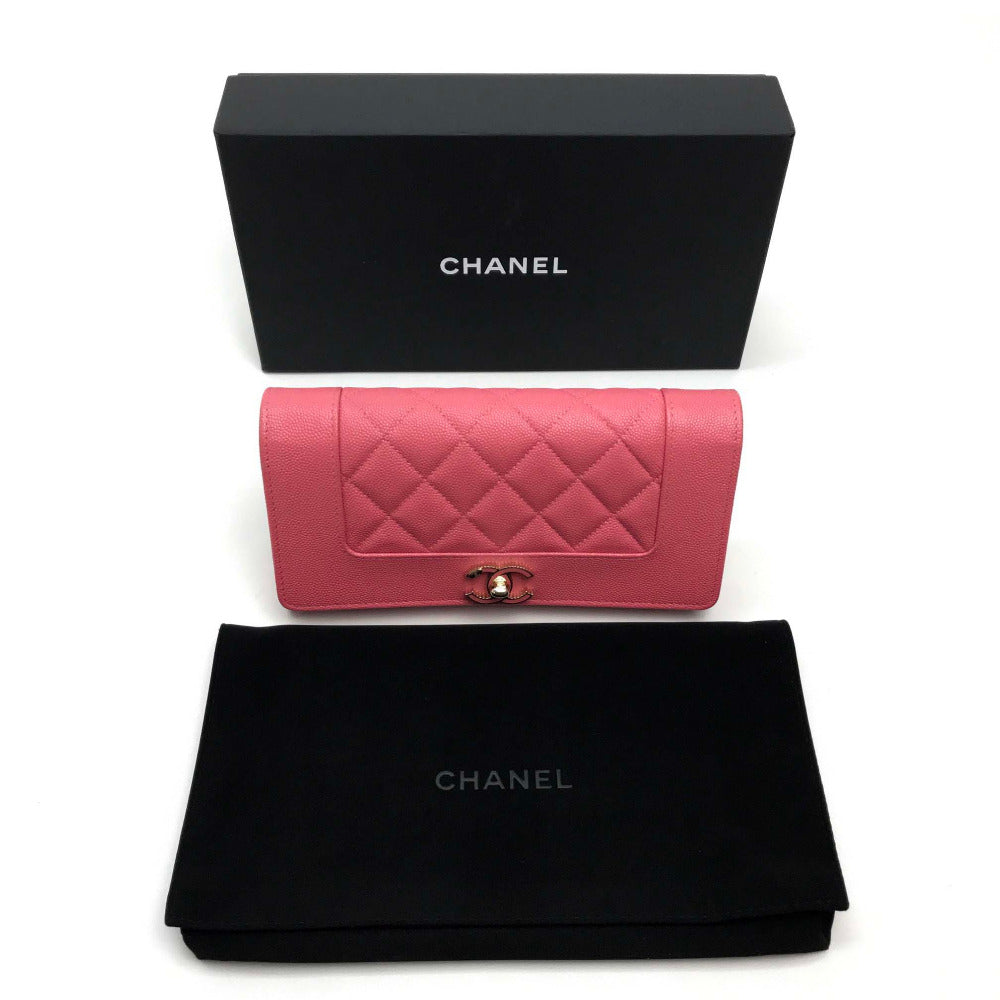 CHANEL Long Wallet Purse A80971 Caviar skin pink CC COCO Mark Matrasse Mademoiselle Women Used Authentic