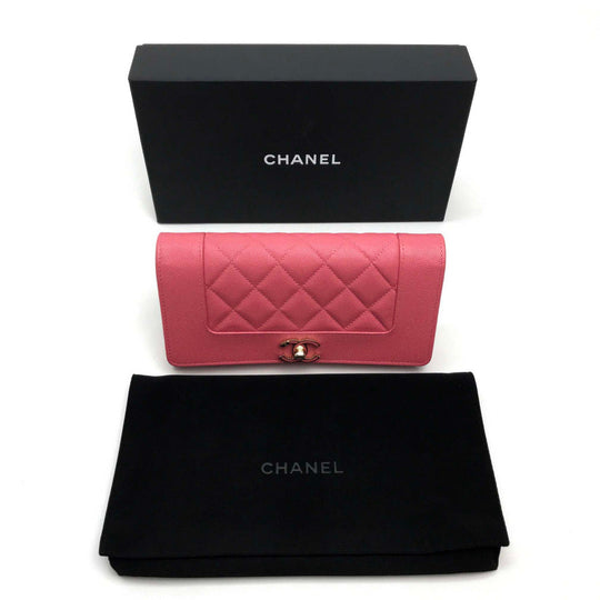 CHANEL Long Wallet Purse A80971 Caviar skin pink CC COCO Mark Matrasse Mademoiselle Women Used Authentic