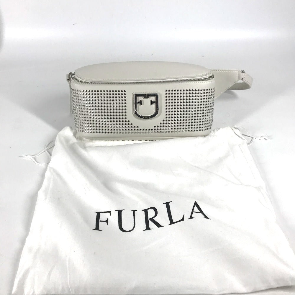 Furla Sling bag leather White xSilver Metal Studs Isola Chain Women Used Authentic