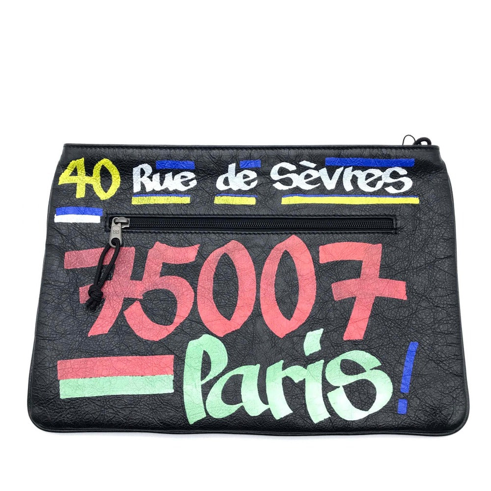 BALENCIAGA Clutch bag 535334 leather Black x multicolor Graffiti Paint Explorer mens Used Authentic