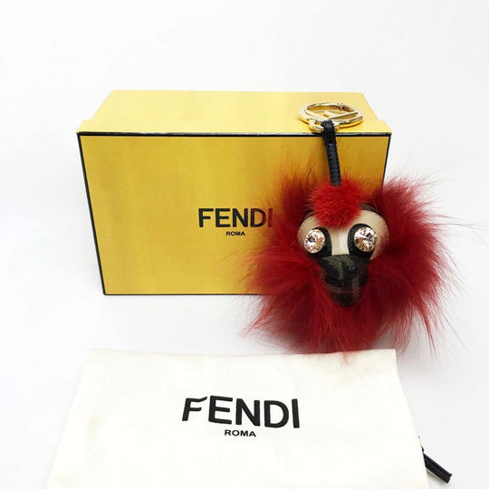 FENDI Key ring fur Red x brown Real fur monster unisex(Unisex) Used Authentic