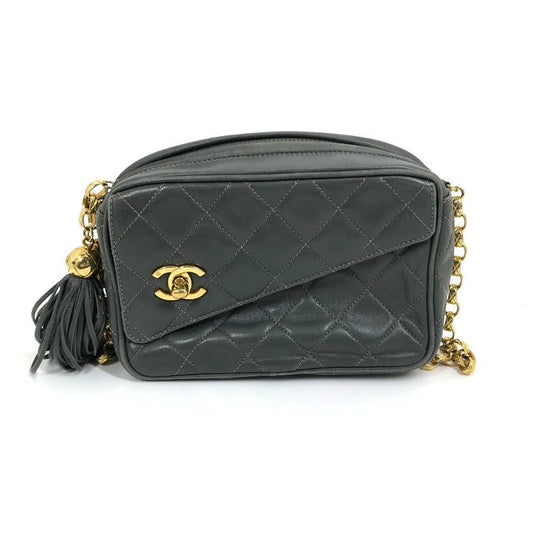 CHANEL Shoulder Bag lambskin Gray type CC COCO Mark Matrasse Fringe Women Used Authentic