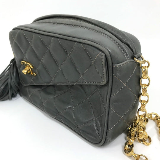 CHANEL Shoulder Bag lambskin Gray type CC COCO Mark Matrasse Fringe Women Used Authentic