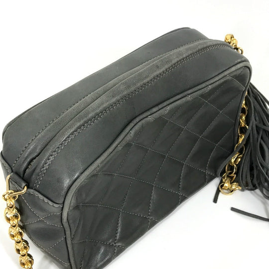 CHANEL Shoulder Bag lambskin Gray type CC COCO Mark Matrasse Fringe Women Used Authentic