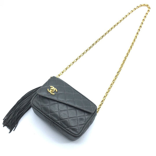CHANEL Shoulder Bag lambskin Gray type CC COCO Mark Matrasse Fringe Women Used Authentic