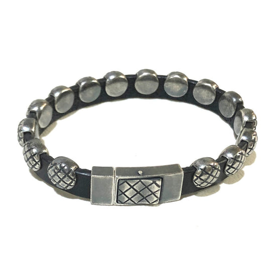 BOTTEGAVENETA bracelet AG925 , Leather Silverx black INTRECCIATO mens S Used Authentic