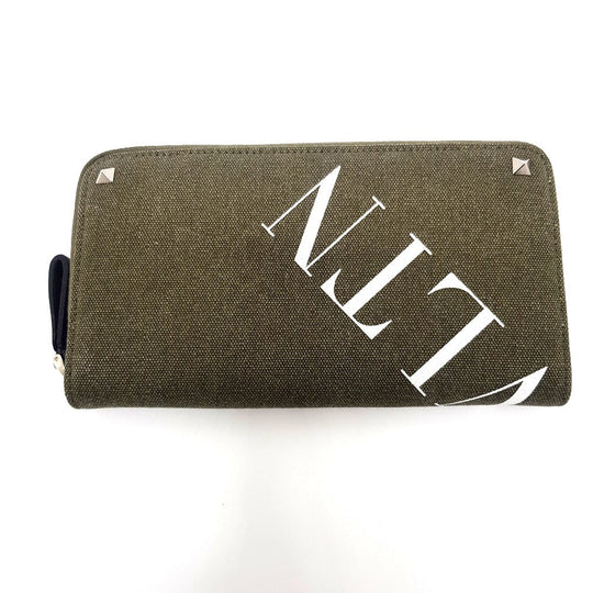 Valentino Garavani Long Wallet Purse Canvas / leather Khaki typex white Studs VLTN print mens(Unisex) Used Authentic