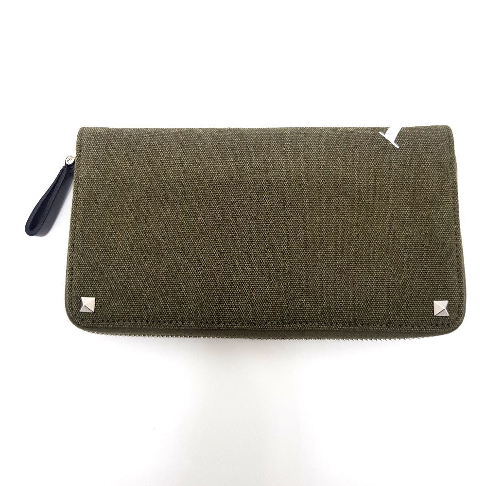 Valentino Garavani Long Wallet Purse Canvas / leather Khaki typex white Studs VLTN print mens(Unisex) Used Authentic
