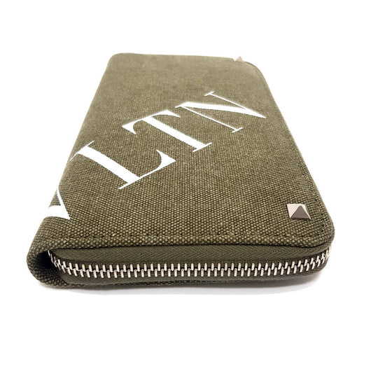 Valentino Garavani Long Wallet Purse Canvas / leather Khaki typex white Studs VLTN print mens(Unisex) Used Authentic