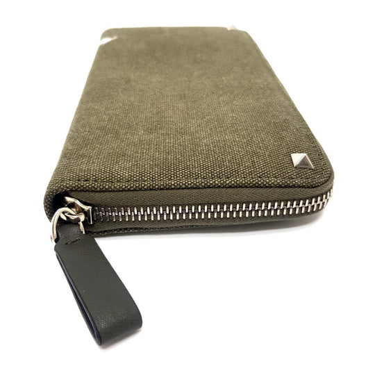 Valentino Garavani Long Wallet Purse Canvas / leather Khaki typex white Studs VLTN print mens(Unisex) Used Authentic