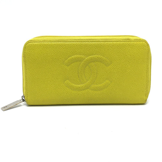 CHANEL Long Wallet Purse Caviar skin yellow CC COCO Mark Zip Around Women Used Authentic