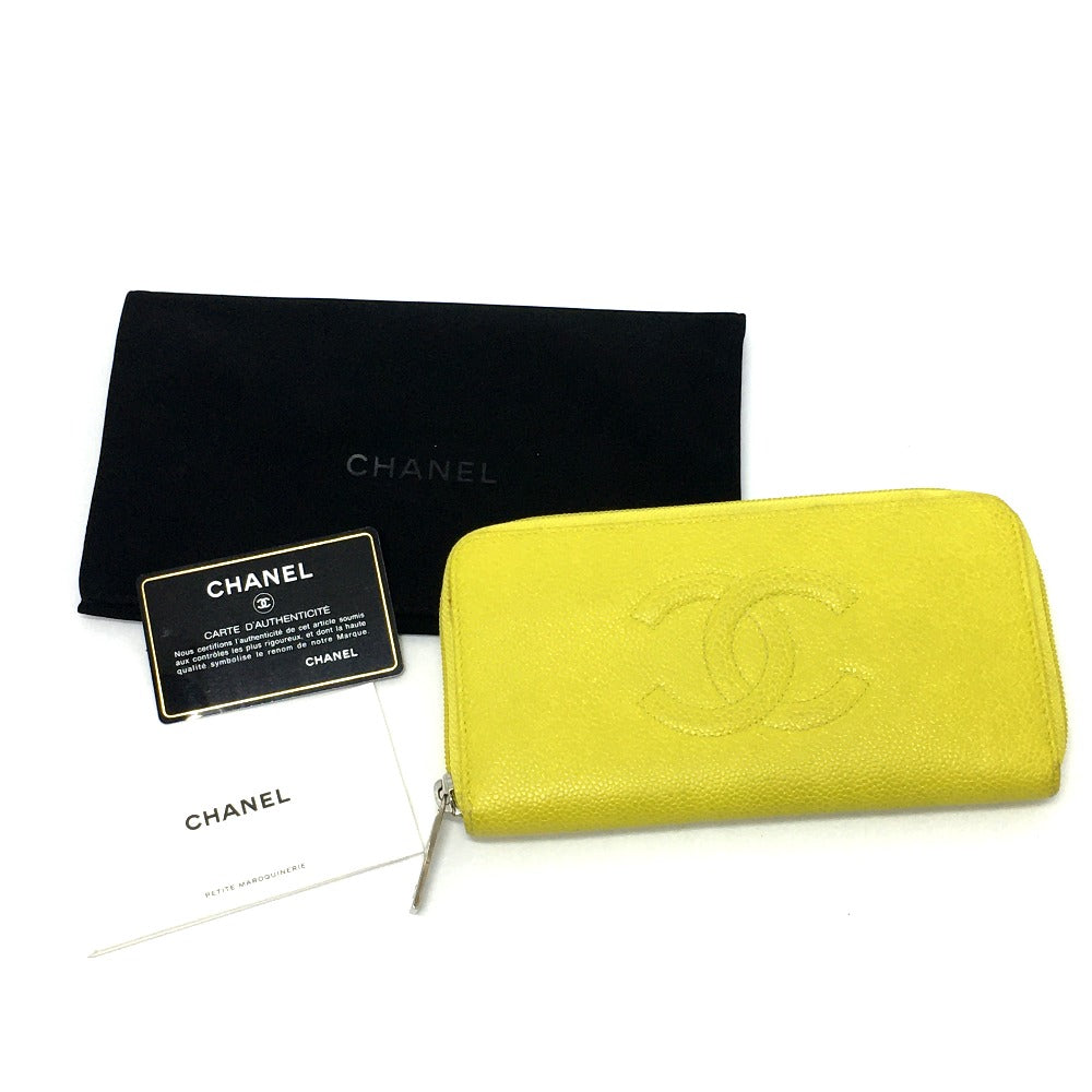 CHANEL Long Wallet Purse Caviar skin yellow CC COCO Mark Zip Around Women Used Authentic