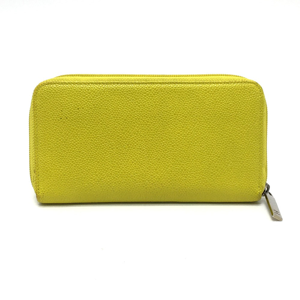 CHANEL Long Wallet Purse Caviar skin yellow CC COCO Mark Zip Around Women Used Authentic