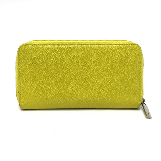 CHANEL Long Wallet Purse Caviar skin yellow CC COCO Mark Zip Around Women Used Authentic