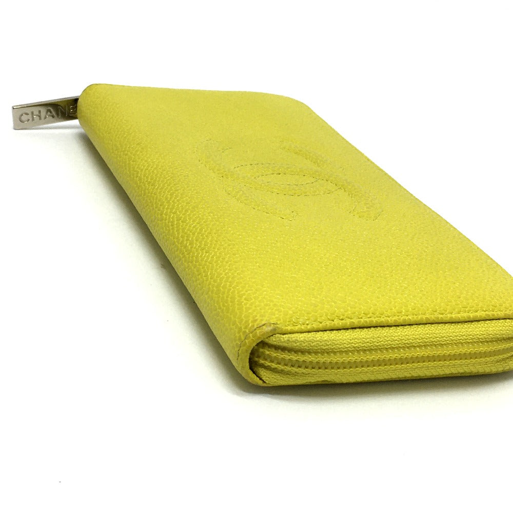 CHANEL Long Wallet Purse Caviar skin yellow CC COCO Mark Zip Around Women Used Authentic