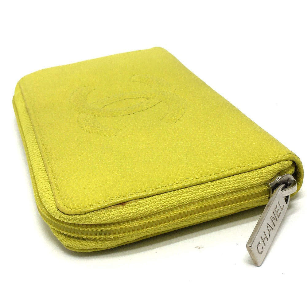 CHANEL Long Wallet Purse Caviar skin yellow CC COCO Mark Zip Around Women Used Authentic