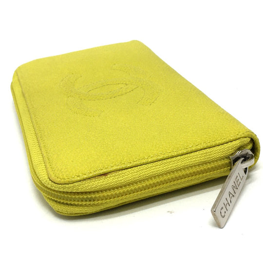 CHANEL Long Wallet Purse Caviar skin yellow CC COCO Mark Zip Around Women Used Authentic