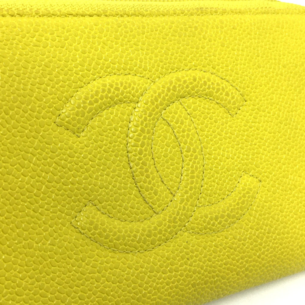 CHANEL Long Wallet Purse Caviar skin yellow CC COCO Mark Zip Around Women Used Authentic