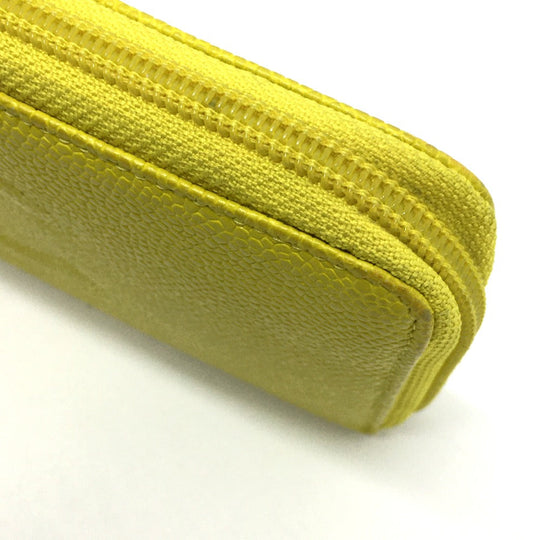 CHANEL Long Wallet Purse Caviar skin yellow CC COCO Mark Zip Around Women Used Authentic