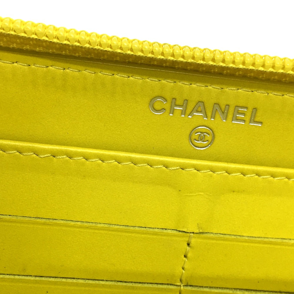 CHANEL Long Wallet Purse Caviar skin yellow CC COCO Mark Zip Around Women Used Authentic