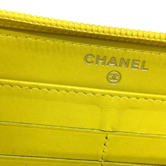 CHANEL Long Wallet Purse Caviar skin yellow CC COCO Mark Zip Around Women Used Authentic
