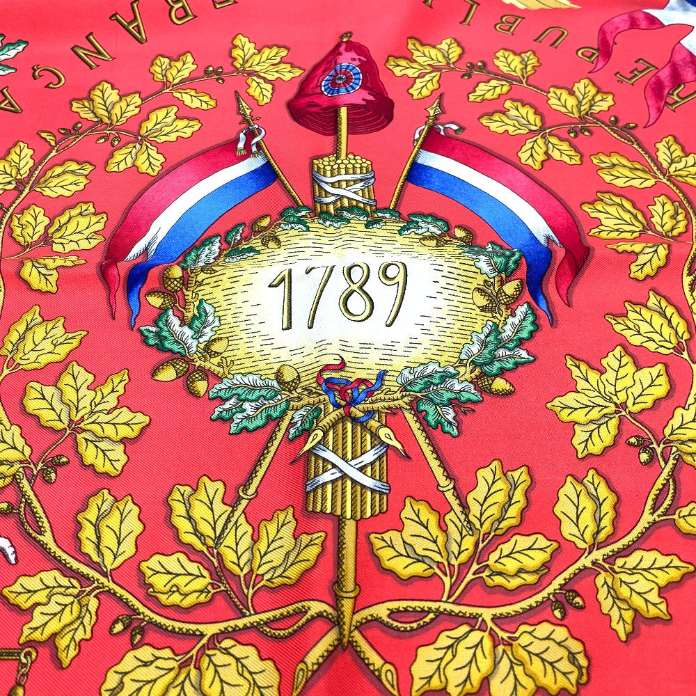 HERMES scarf 100% silk Black x red Carre90 LIBERTE EGALITE FRATERNITE REPUBLIQUE FRANCAISE Women Used Authentic