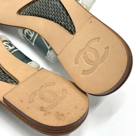 CHANEL Sandals Wood, Satin Green type CC COCO Mark Petanko Women 35 Used Authentic
