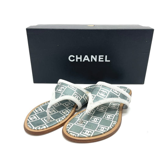 CHANEL Sandals Wood, Satin Green type CC COCO Mark Petanko Women 35 Used Authentic