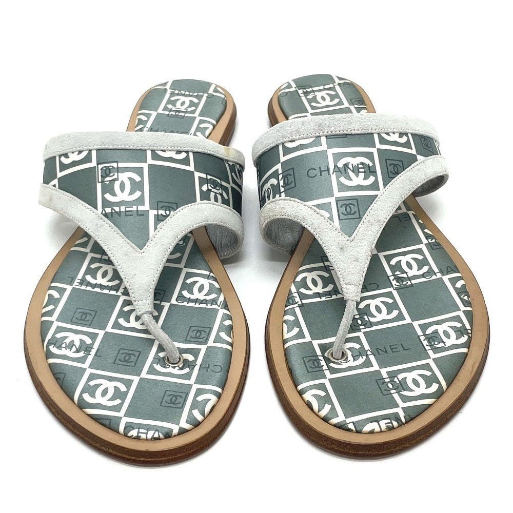 CHANEL Sandals Wood, Satin Green type CC COCO Mark Petanko Women 35 Used Authentic