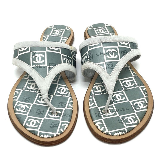 CHANEL Sandals Wood, Satin Green type CC COCO Mark Petanko Women 35 Used Authentic