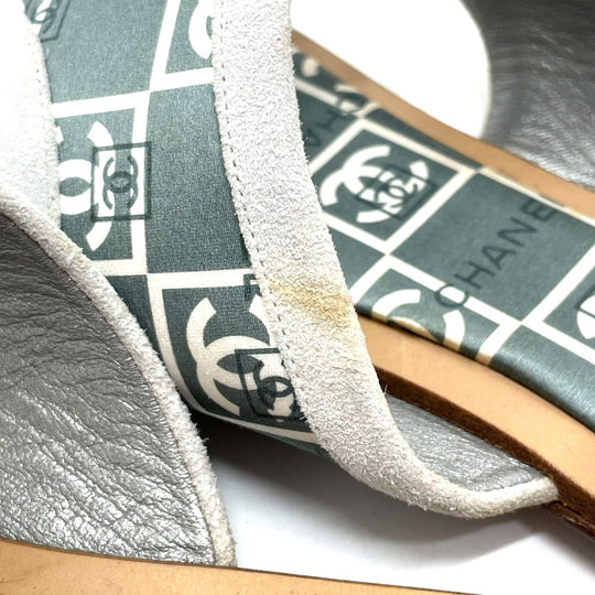CHANEL Sandals Wood, Satin Green type CC COCO Mark Petanko Women 35 Used Authentic