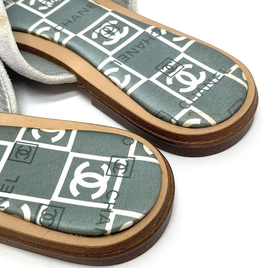 CHANEL Sandals Wood, Satin Green type CC COCO Mark Petanko Women 35 Used Authentic