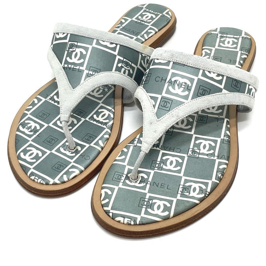 CHANEL Sandals Wood, Satin Green type CC COCO Mark Petanko Women 35 Used Authentic