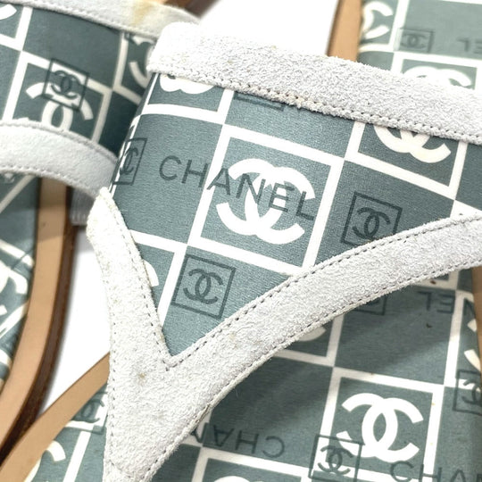 CHANEL Sandals Wood, Satin Green type CC COCO Mark Petanko Women 35 Used Authentic