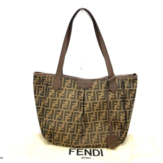 FENDI Tote Bag 8BH268 Leather / canvas Brown Zucca FF pattern Shoulder Women Used Authentic