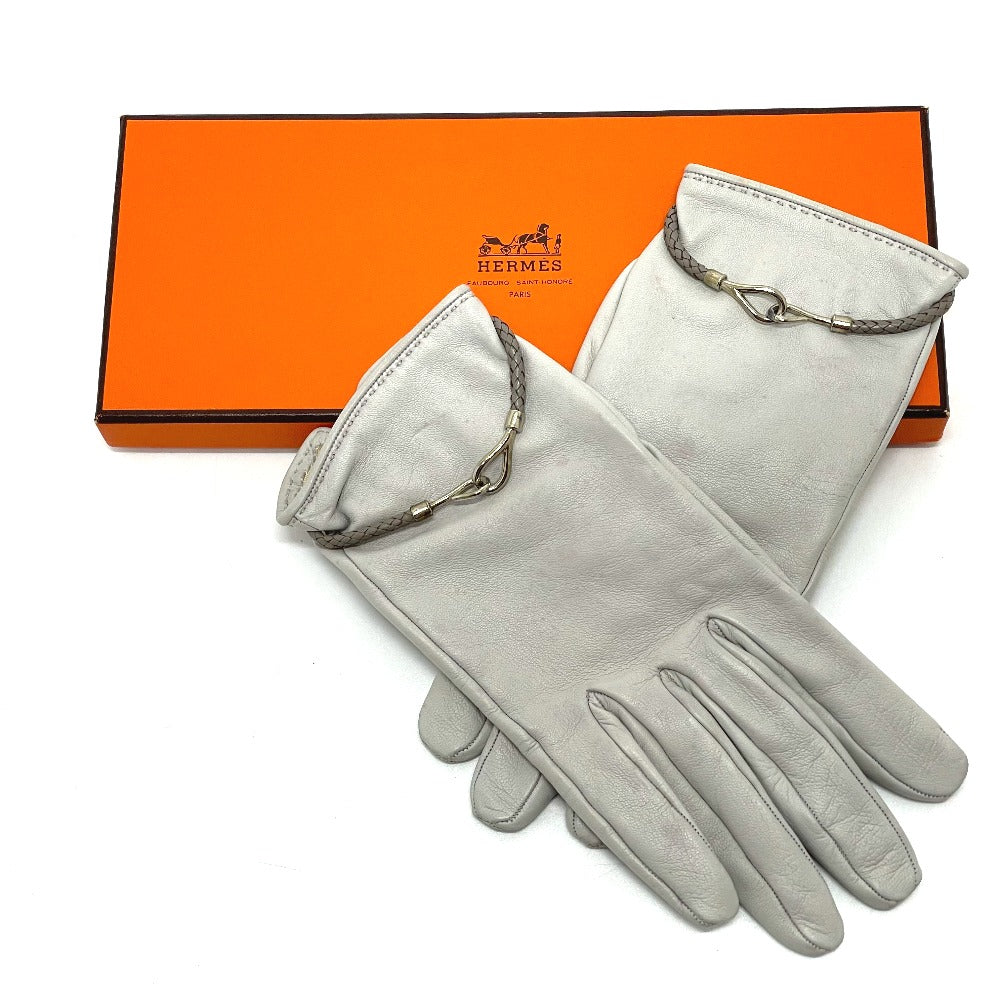 HERMES Glove leather gray Jumbo hook motif Women Women Used Authentic