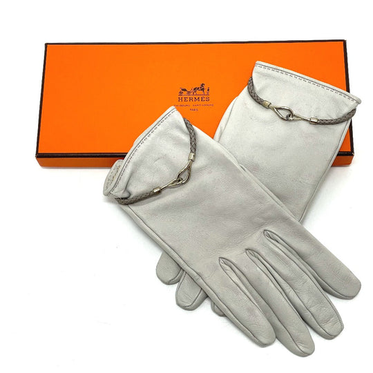 HERMES Glove leather gray Jumbo hook motif Women Women Used Authentic