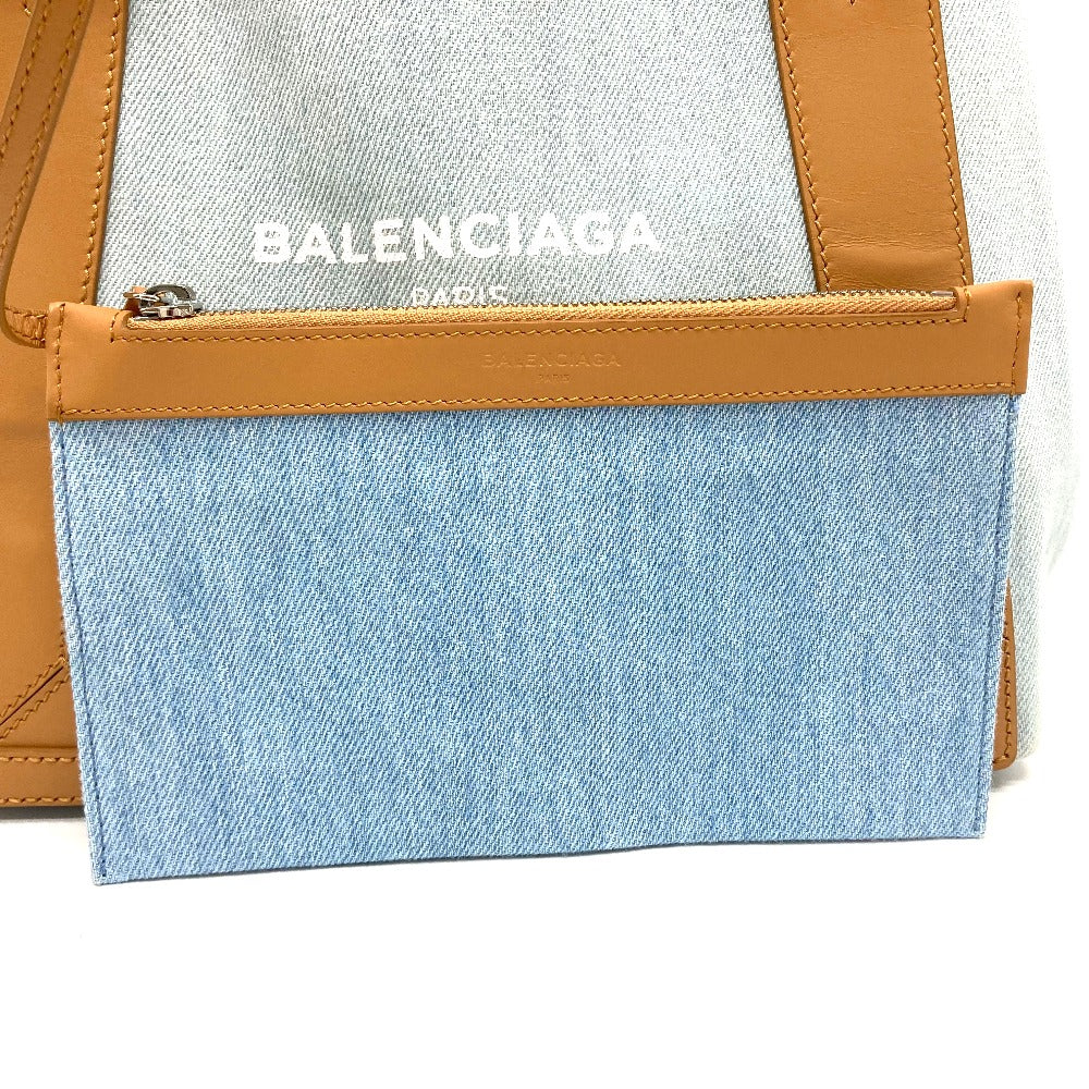 BALENCIAGA Tote Bag 339933 Leather / canvas Light blue Logo print Navy kabas S Women Used Authentic
