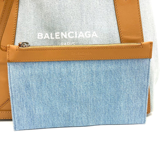 BALENCIAGA Tote Bag 339933 Leather / canvas Light blue Logo print Navy kabas S Women Used Authentic