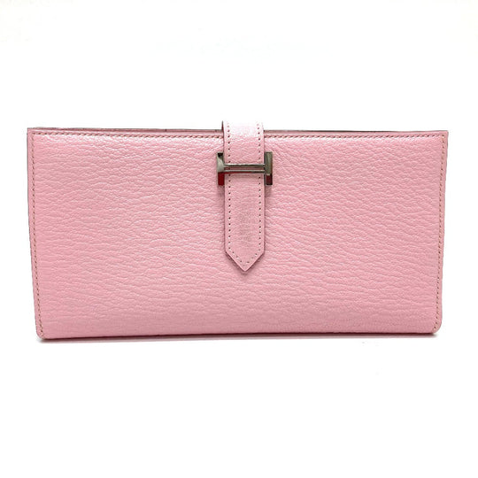 HERMES Long Wallet Purse Chevre Misol pink HMetal Beansufla Women Used Authentic