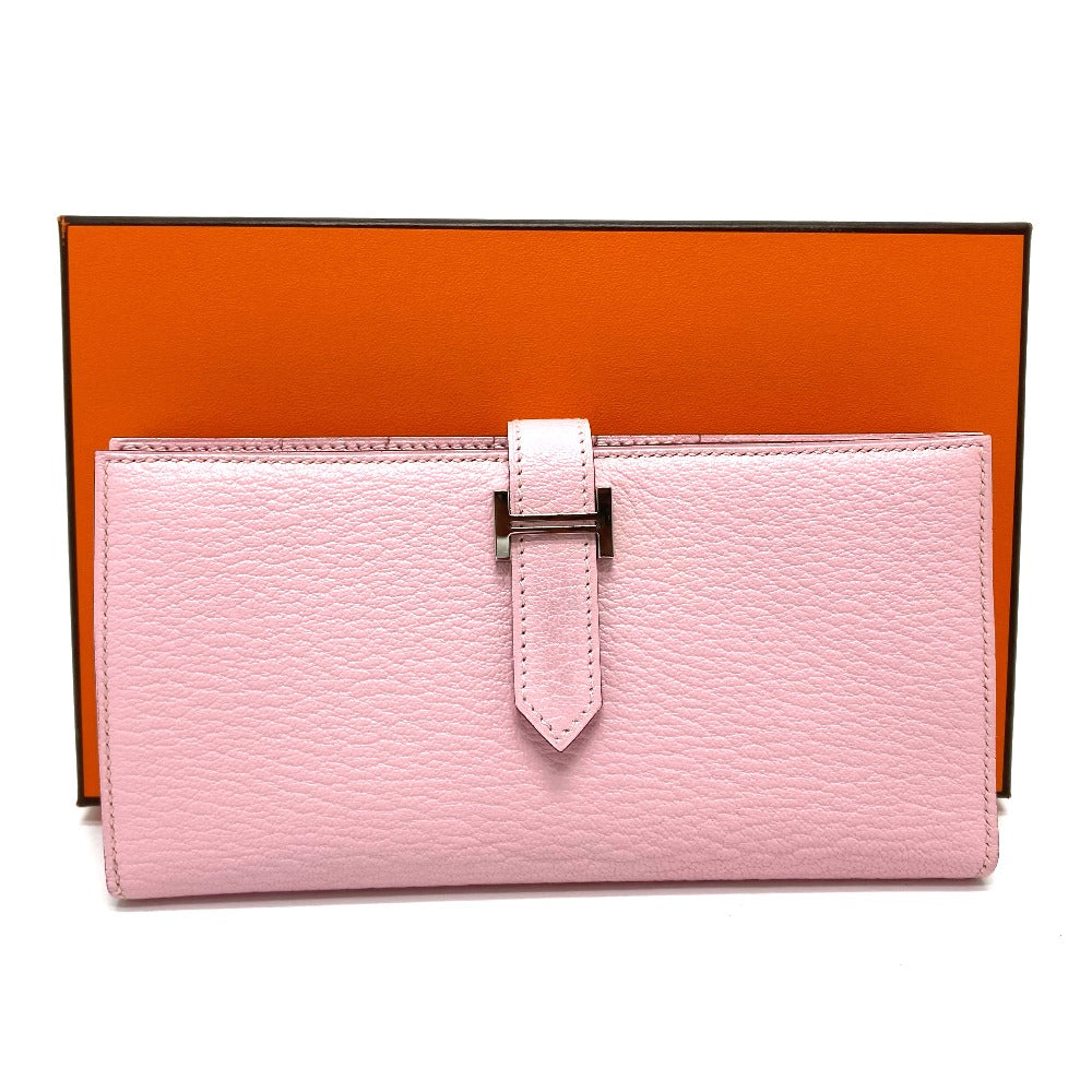 HERMES Long Wallet Purse Chevre Misol pink HMetal Beansufla Women Used Authentic
