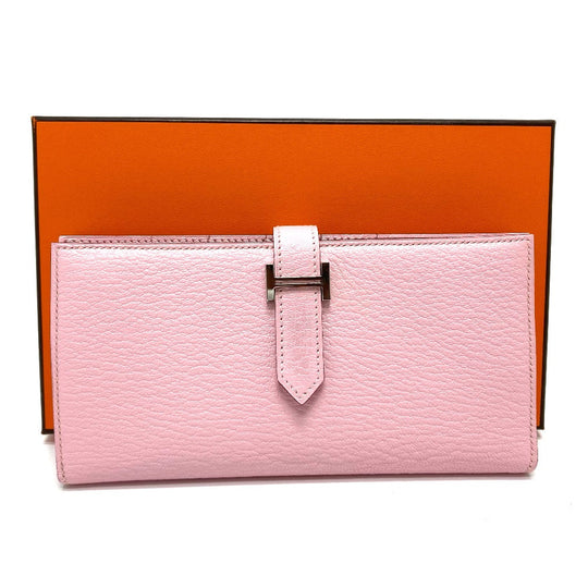 HERMES Long Wallet Purse Chevre Misol pink HMetal Beansufla Women Used Authentic