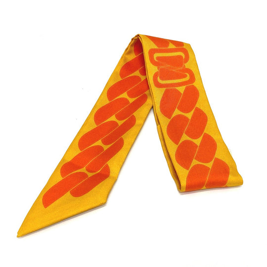 HERMES scarf silk Orange Chain motif Twilly Women Used Authentic